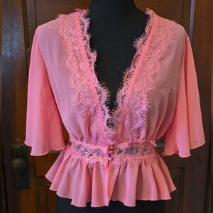 HYFVE Pink Lace Trim Ruffle Peplum Blouse